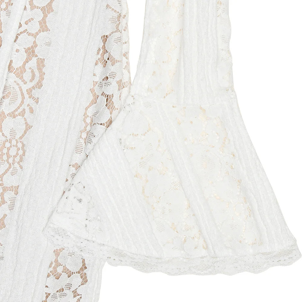 Premium Women White Bodycon Lace Maxi Dress Flare Sleeves