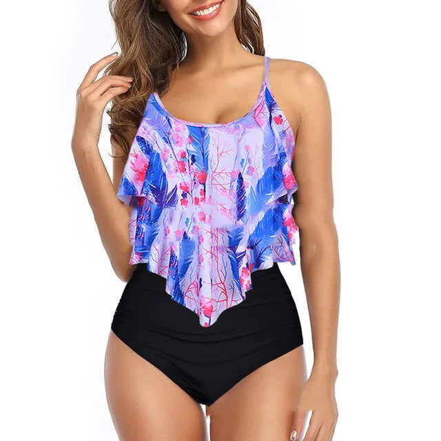 Premium Two Piece Ruffled Top High Waisted Swimsuit Set
