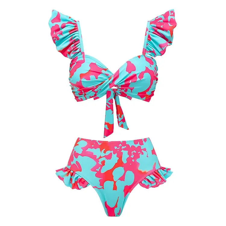 Flaxmaker Summer Women Lace Up V Neck Ruffle Swimsuit Sarong