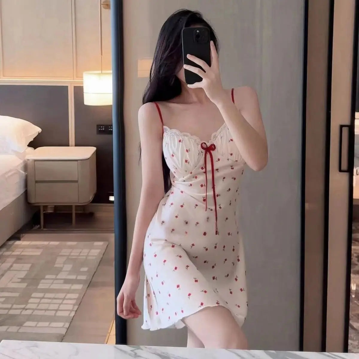 Women's Summer Ice Silk Chemise Nightgown With Elegant Lace Trim V-Neck Sleepwear