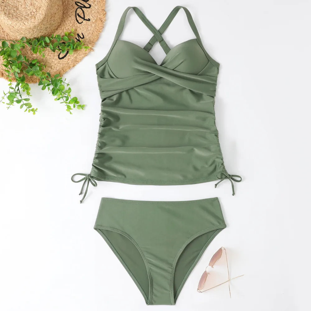 Leaf Print Halter Tankini Swimsuit Set For Summer