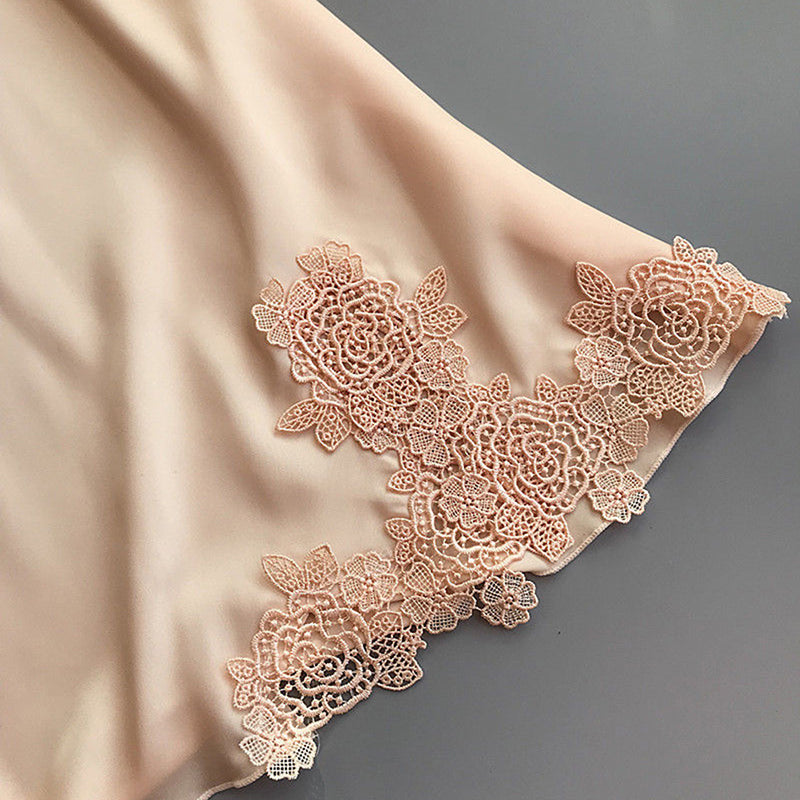 Women's Elegant Silk Satin Nightgown With Floral Lace Trim Soft Sleepwear Robe