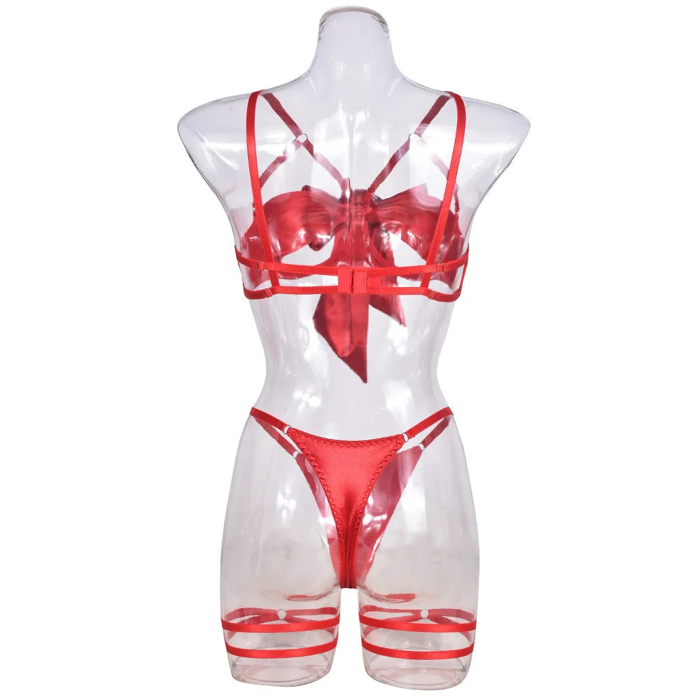 Women's Exquisite Bow Underwire Three Piece Matching Lingerie Set