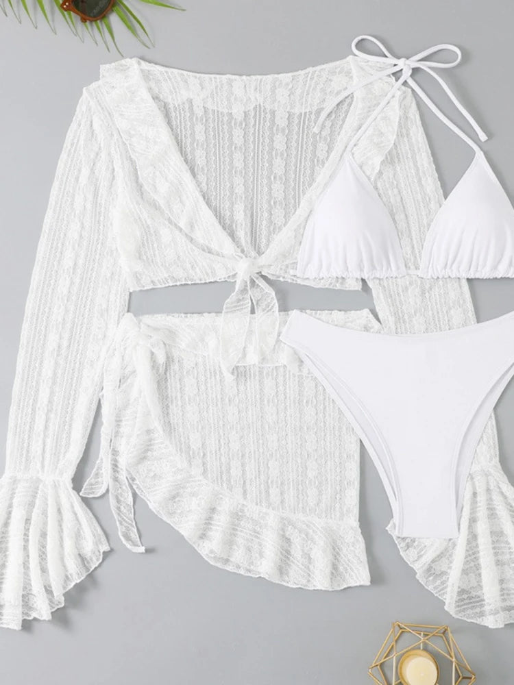 Circyy Black Long Sleeve Rash Guard Ruffled Bikini Set