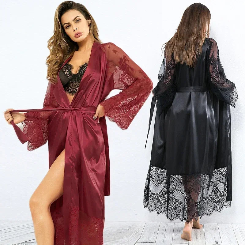 Women's Elegant Lace Satin Kimono Long Nightgown Robe