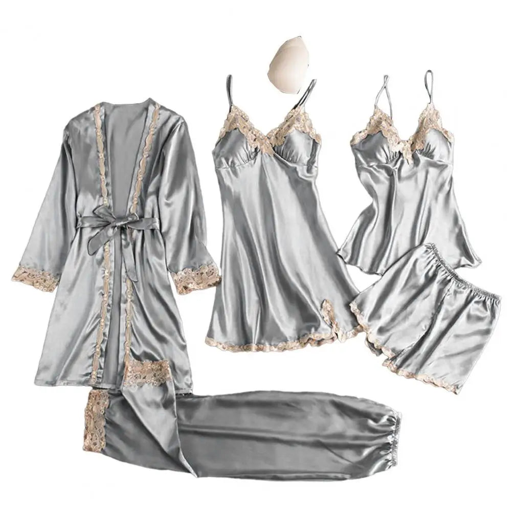 Women's 5-Piece Satin Sleepwear Set Includes Robe Nightgown Top Shorts And Pants