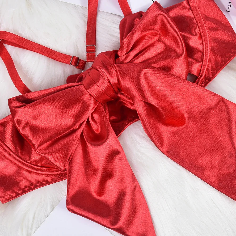 Women's Exquisite Bow Underwire Three Piece Matching Lingerie Set