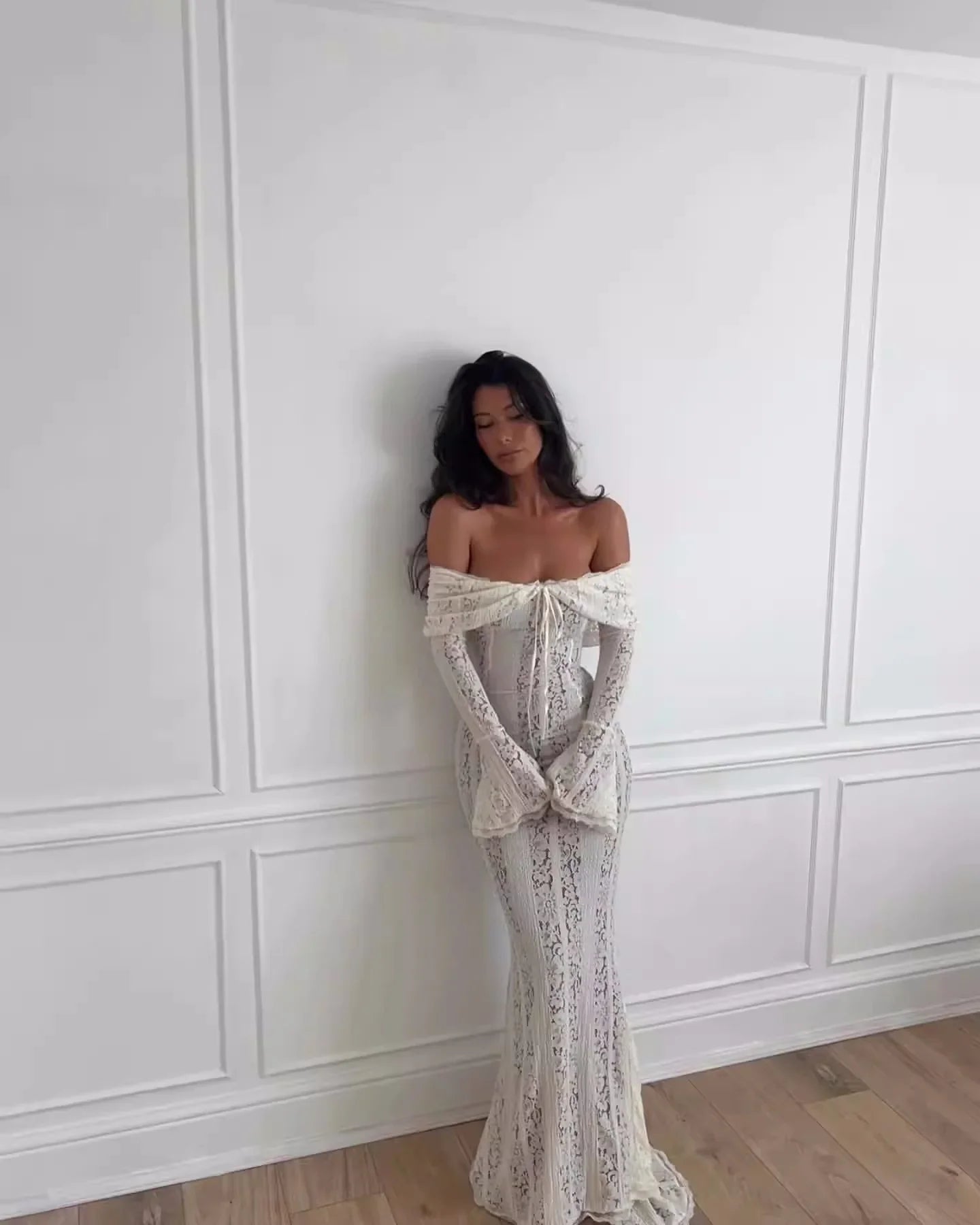 Premium Women White Bodycon Lace Maxi Dress Flare Sleeves
