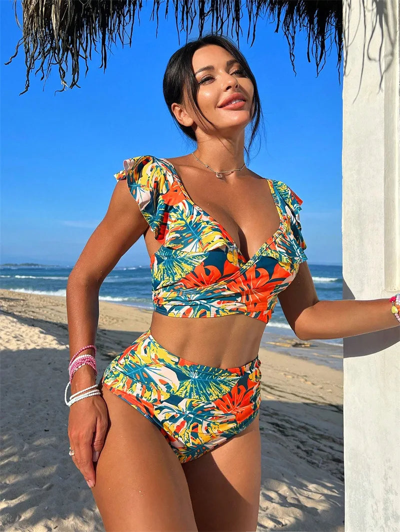 Women Tropical Floral Ruffle Trim Two Piece Bikini Swimsuit