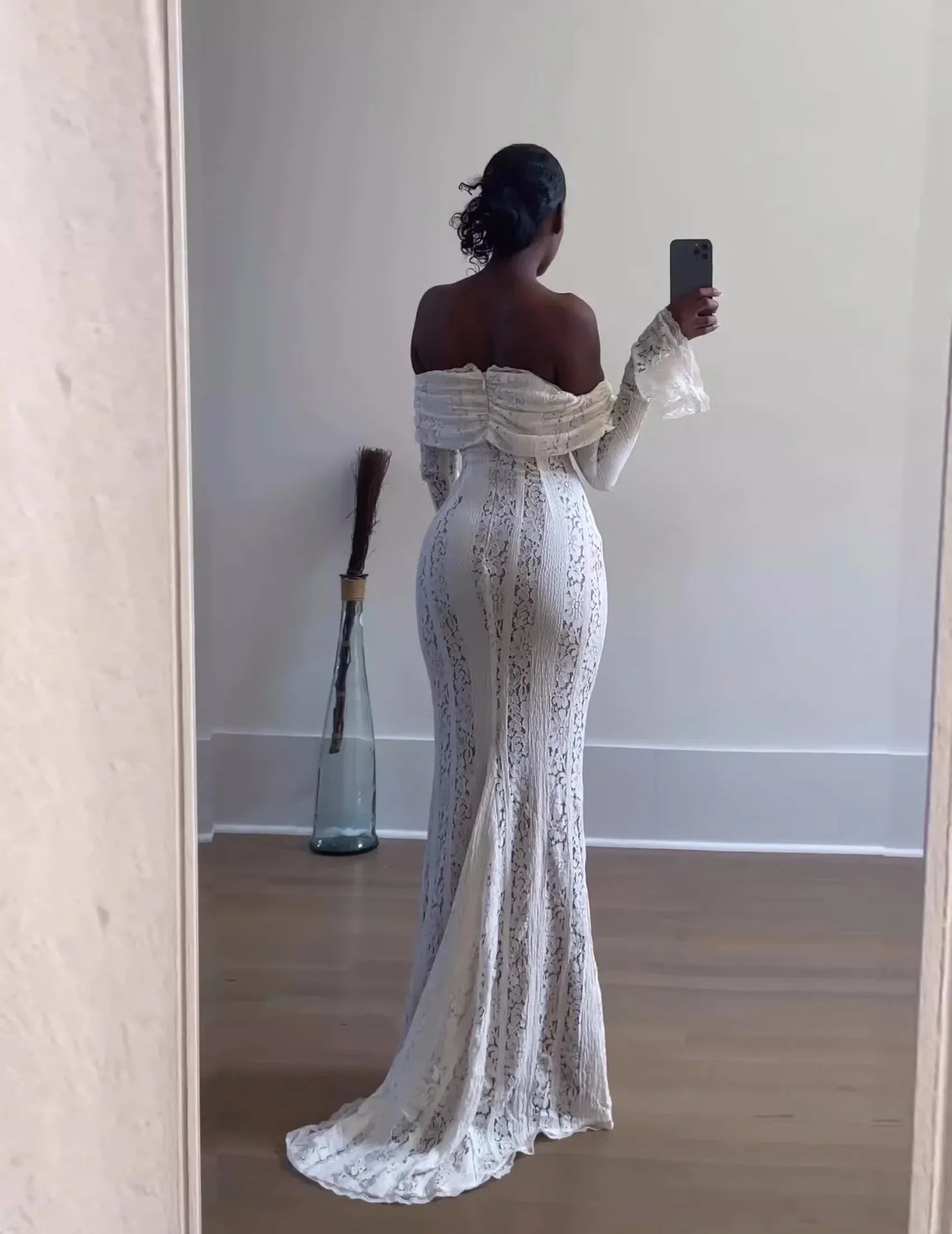 Premium Women White Bodycon Lace Maxi Dress Flare Sleeves