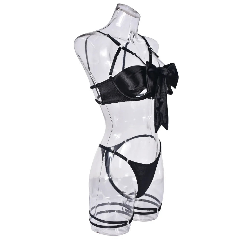 Women's Exquisite Bow Underwire Three Piece Matching Lingerie Set