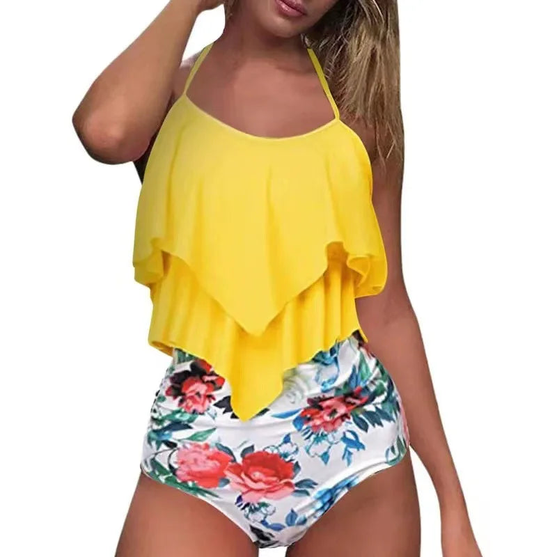 Premium Two Piece Ruffled Top High Waisted Swimsuit Set