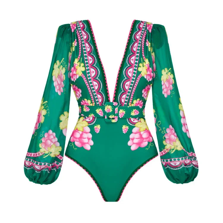 Elegant Women Jungle Green Print One Piece Swimsuit Skirt Set
