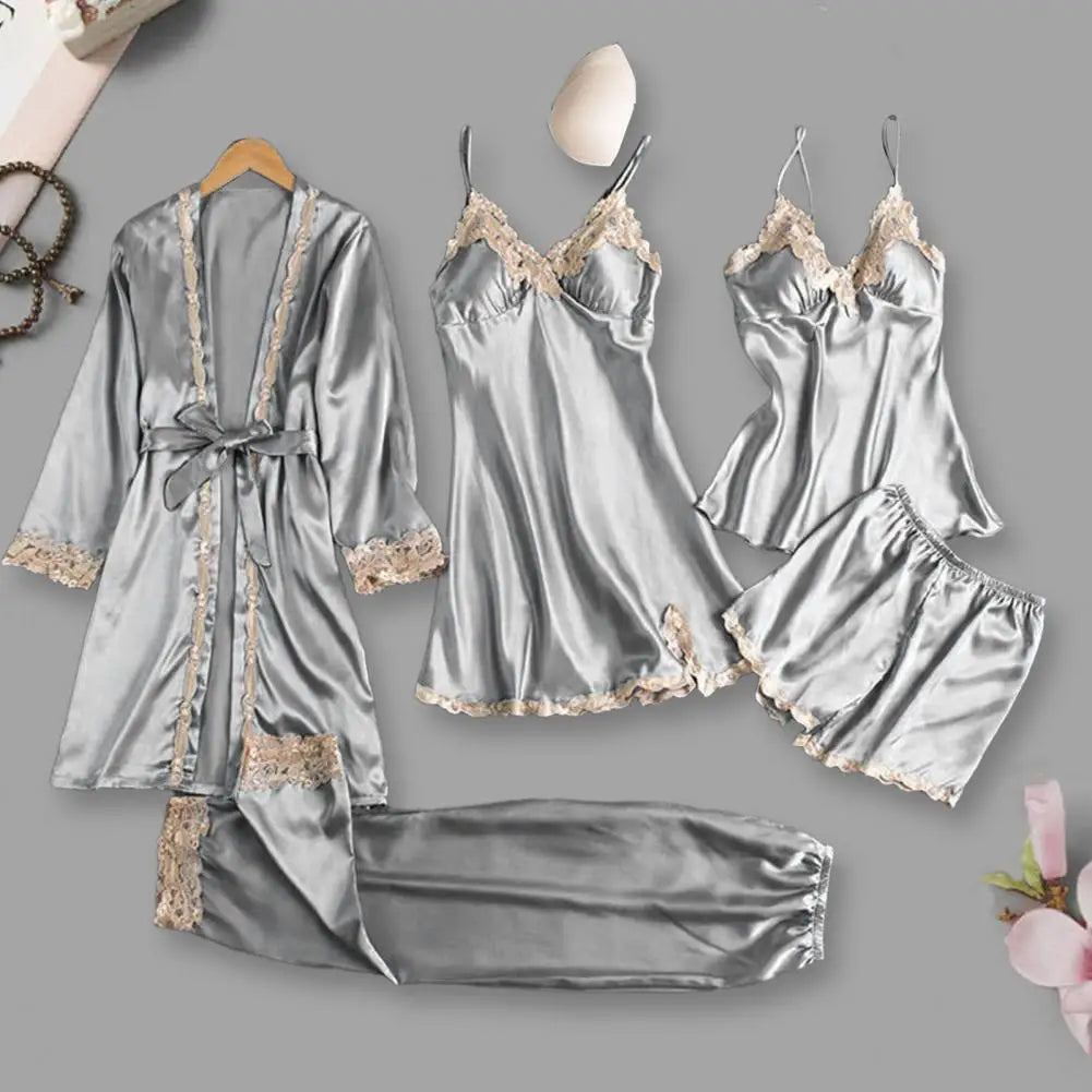 Women's 5-Piece Satin Sleepwear Set Includes Robe Nightgown Top Shorts And Pants