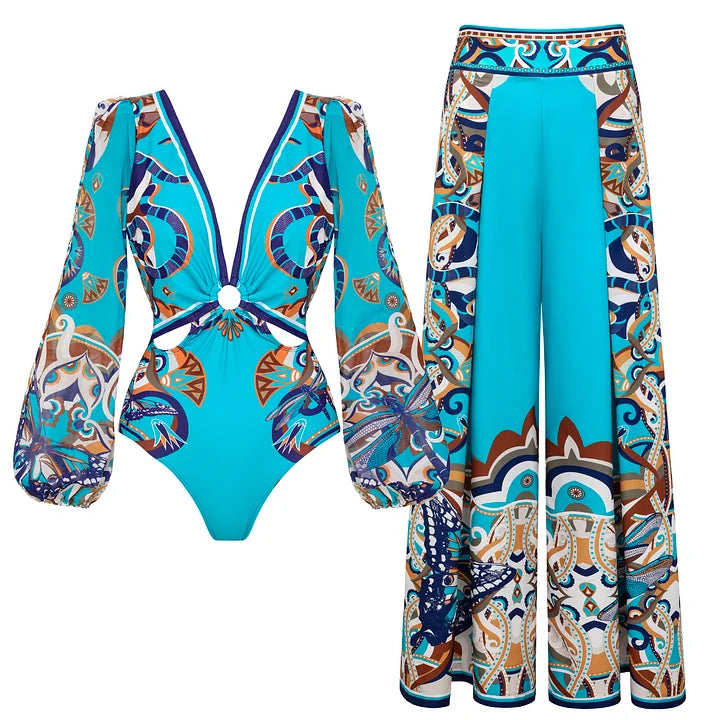 Elegant Women Jungle Green Print One Piece Swimsuit Skirt Set