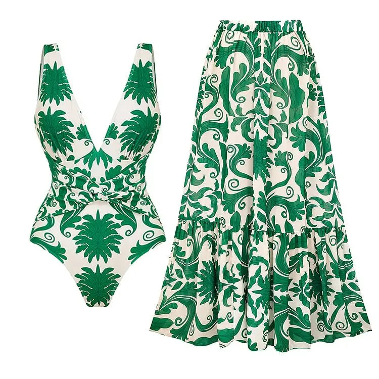 Flaxmaker Summer Women Lace Up V Neck Ruffle Swimsuit Sarong