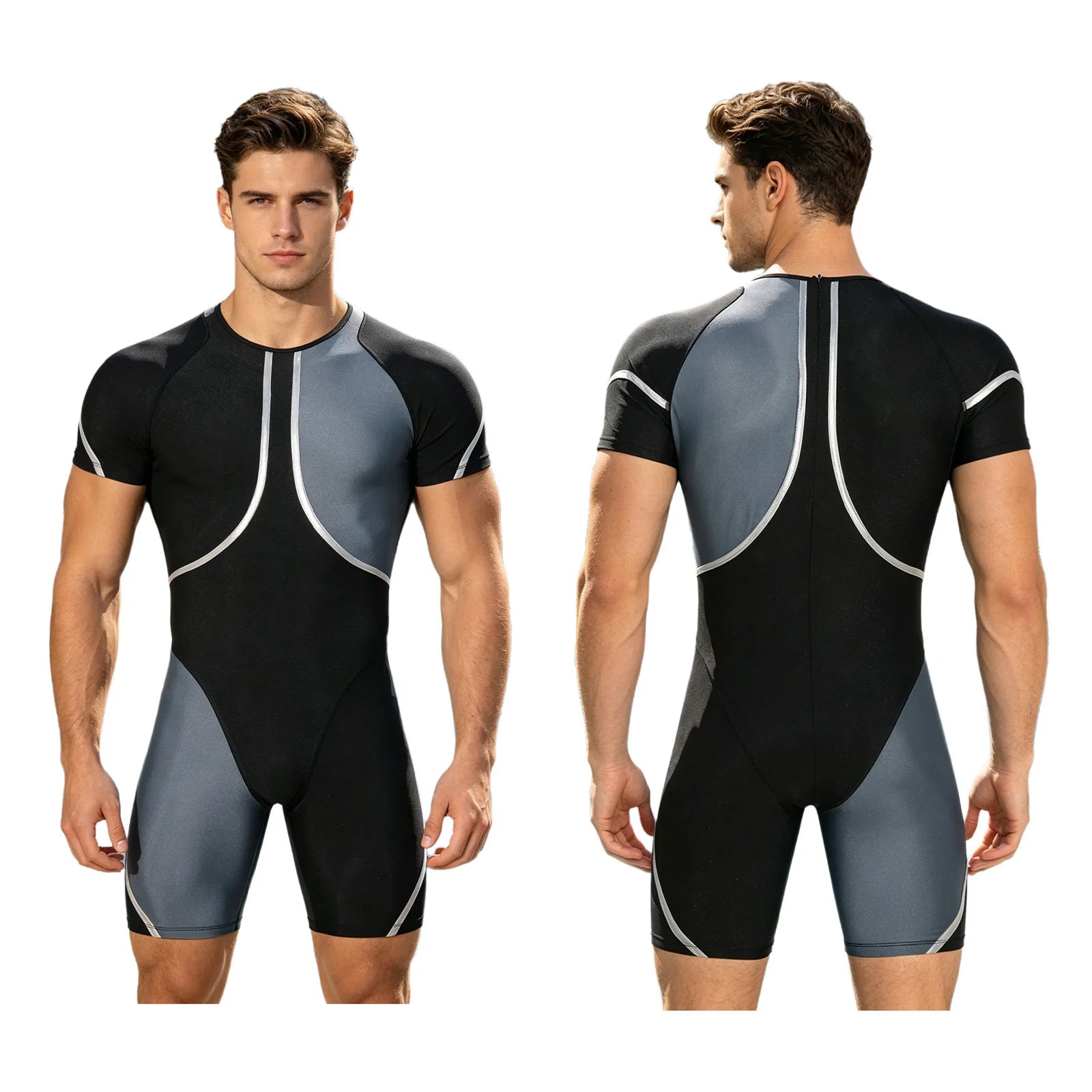 Men's Short Sleeve Rash Guard One Piece Swimsuit Zipper