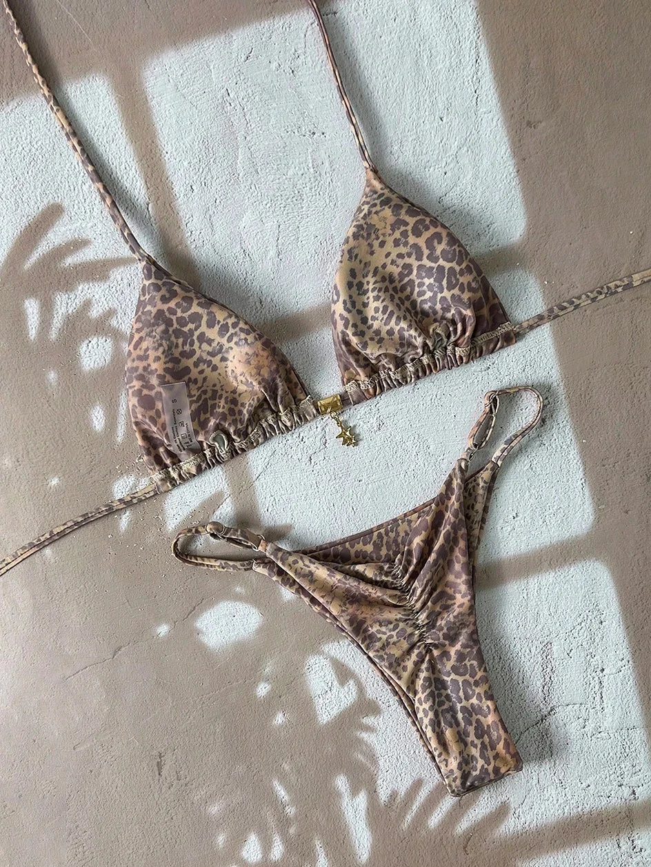 Elegant Leopard Pattern Two Piece Bathing Suit Beachwear Set
