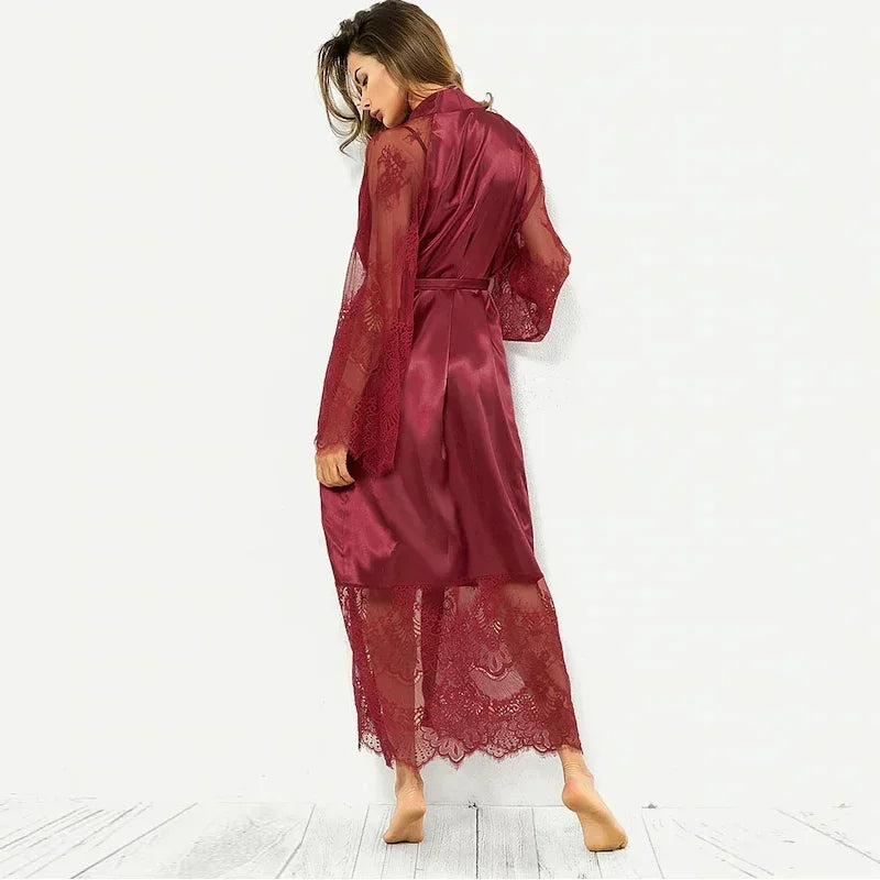 Women's Elegant Lace Satin Kimono Long Nightgown Robe
