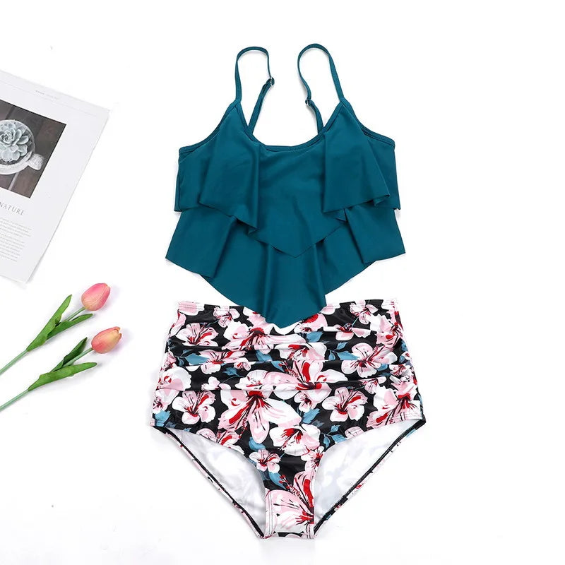 Premium Two Piece Ruffled Top High Waisted Swimsuit Set