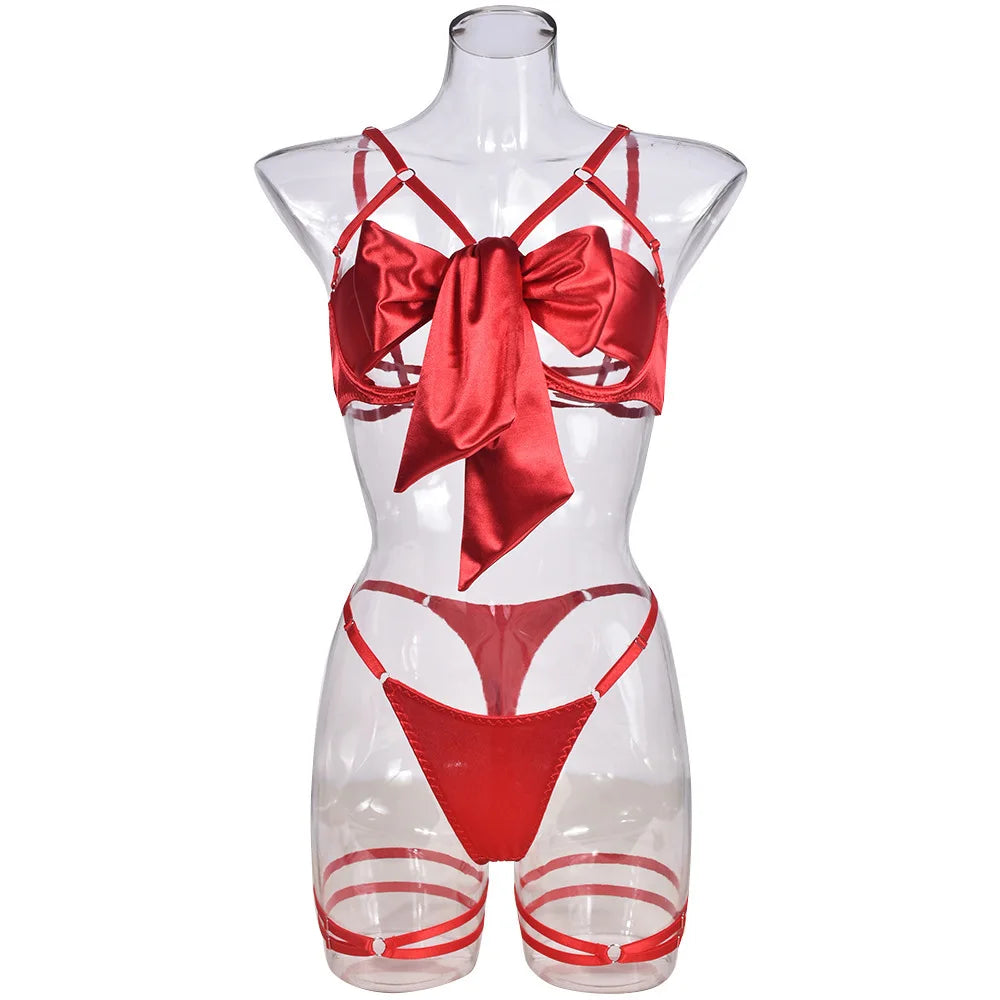 Women's Exquisite Bow Underwire Three Piece Matching Lingerie Set