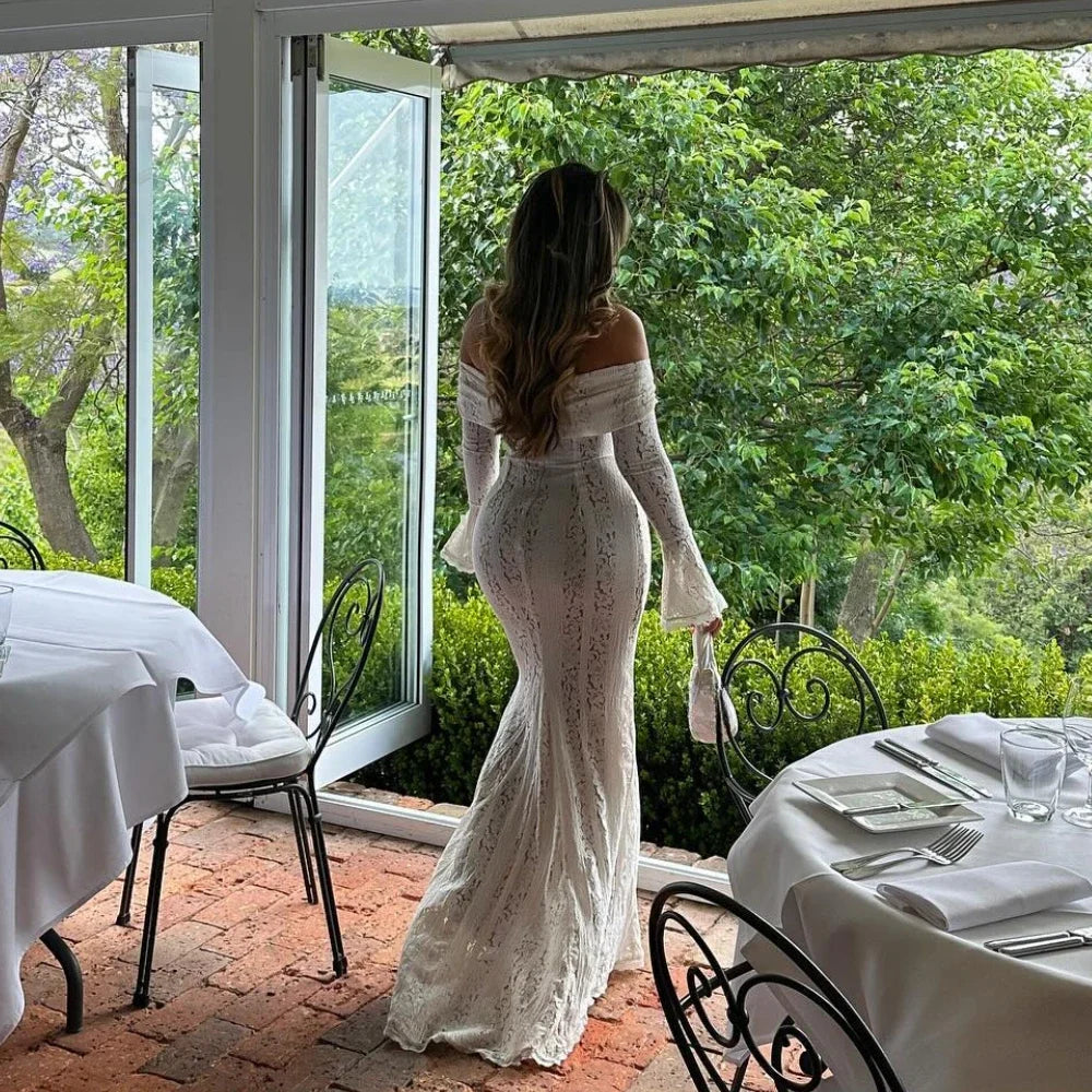Premium Women White Bodycon Lace Maxi Dress Flare Sleeves